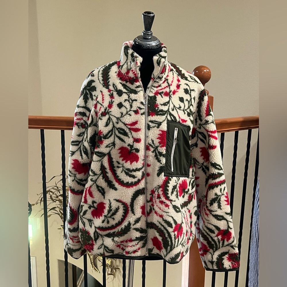 BAILEY ROSE Floral Print Sherpa Zip Jacket - Cream & Red WOMEN SIZE M